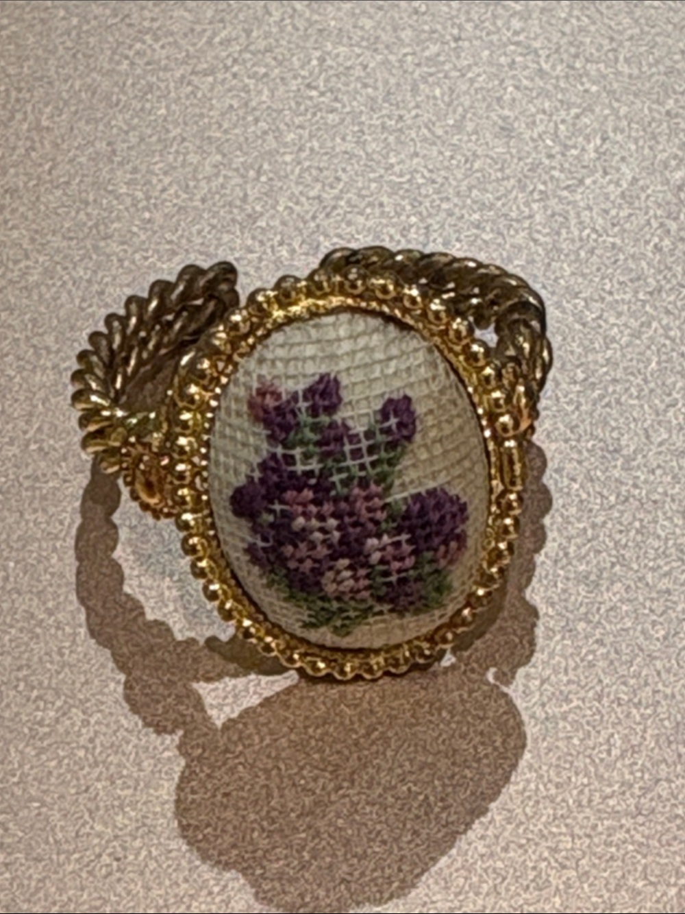 Gold Floral Needlepoint Ring with Purple Flowers
